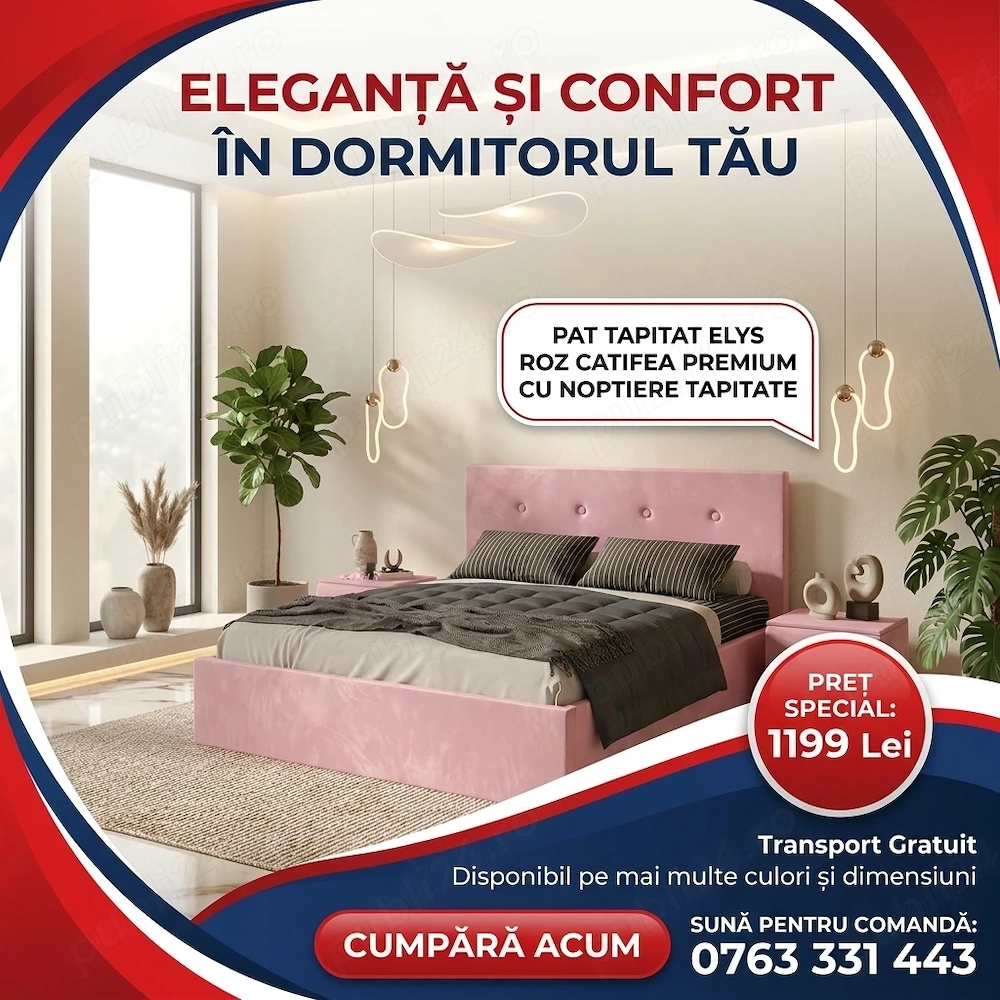 Pat Tapitat Elys Roz Catifea Premium Cu Noptiere Tapitate  Design modern Mobilă dormitor super ofert