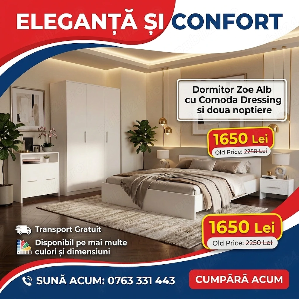 Dormitor Zoe Alb cu Comoda Dressing si doua noptiere Transport oriunde în România Promoție mobilă do