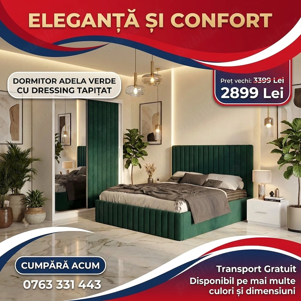 Dormitor Adela Verde cu Dressing Tapitat Disponibil acum Mobilier pentru dormitor preț avantajos