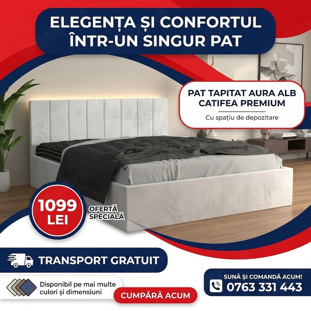 Pat Tapitat Aura Alb Catifea Premium Transport oriunde în România Promoție mobilă dormitor