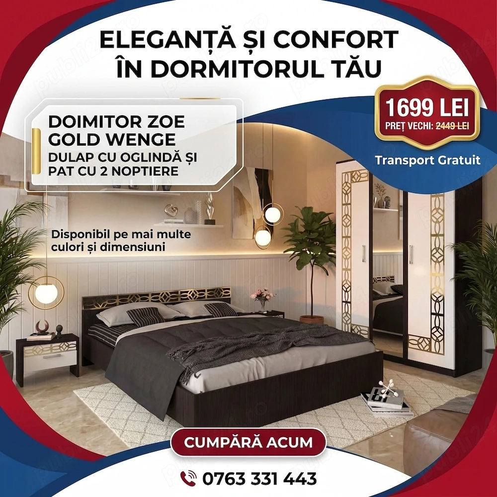 Dormitor Zoe Gold Wenge Dulap Cu Oglinda si Pat cu 2 Noptiere Contactează-ne Mobilă dormitor la ofer