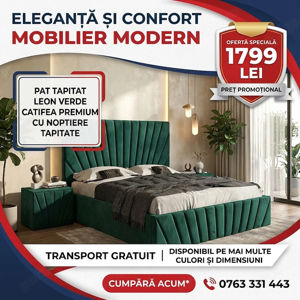 Pat Tapitat Leon Verde Catifea Premium Cu Noptiere Tapitate Model popular Vezi chiar azi mobilă pent