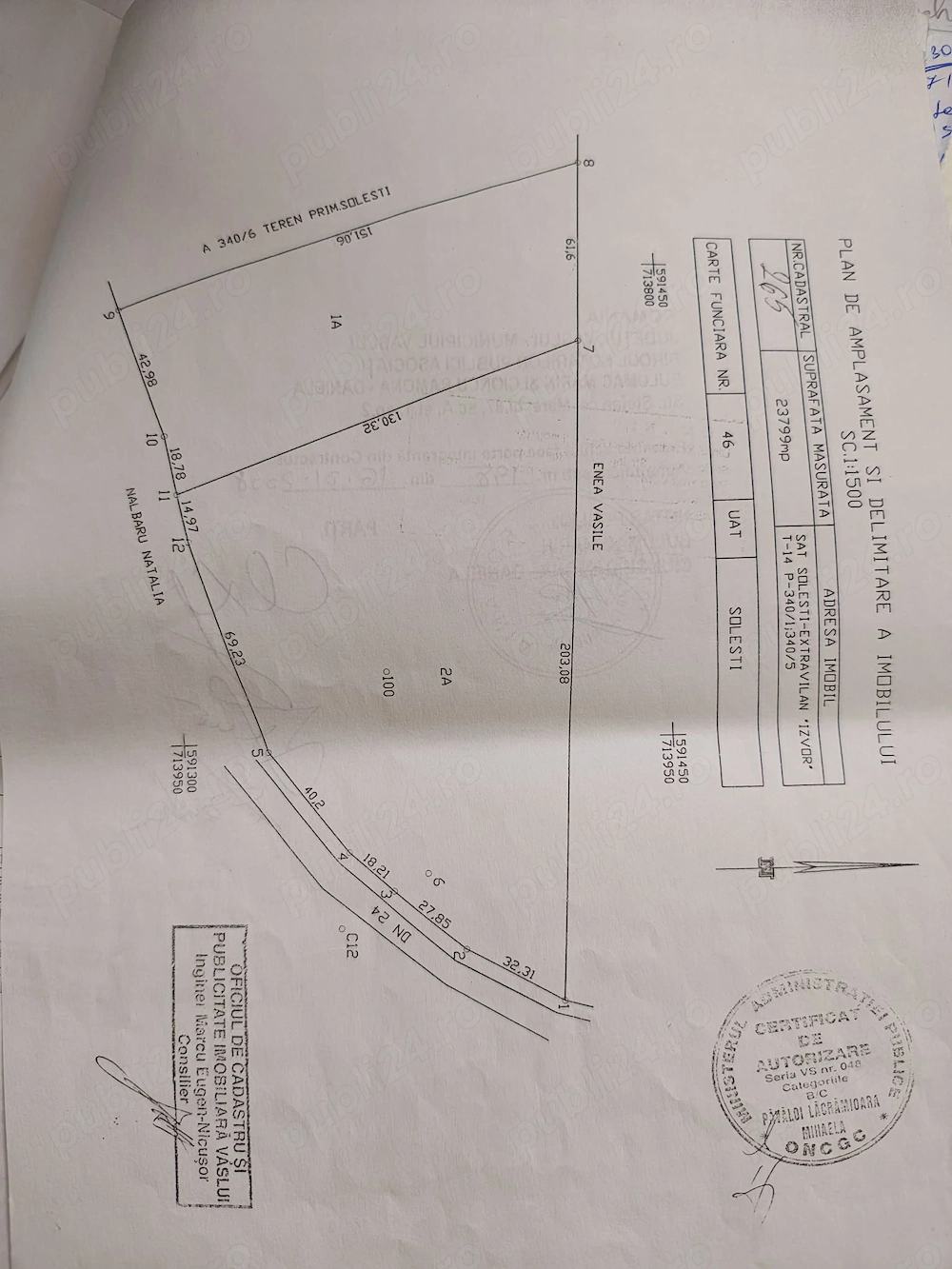 Persoana Fizica. 24100 mp, terenintravilan, sosea, baraj Solesti-Vaslui
