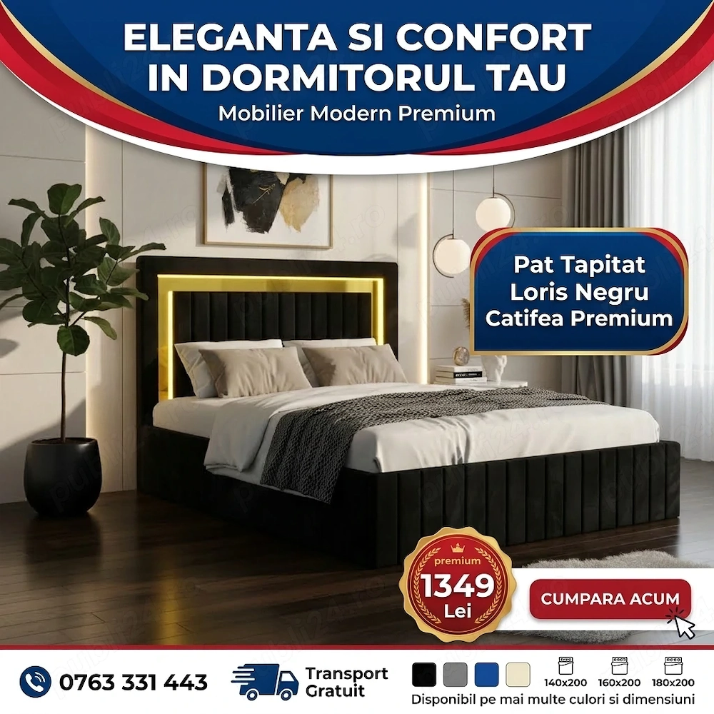 Pat Tapitat Loris Negru Catifea Premium  Materiale de calitate Colecție premium