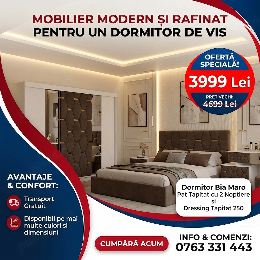 Dormitor Bia Maro Pat Tapitat cu 2 Noptiere si Dressing Tapitat 250 Livrare în toată țara Dormitor m