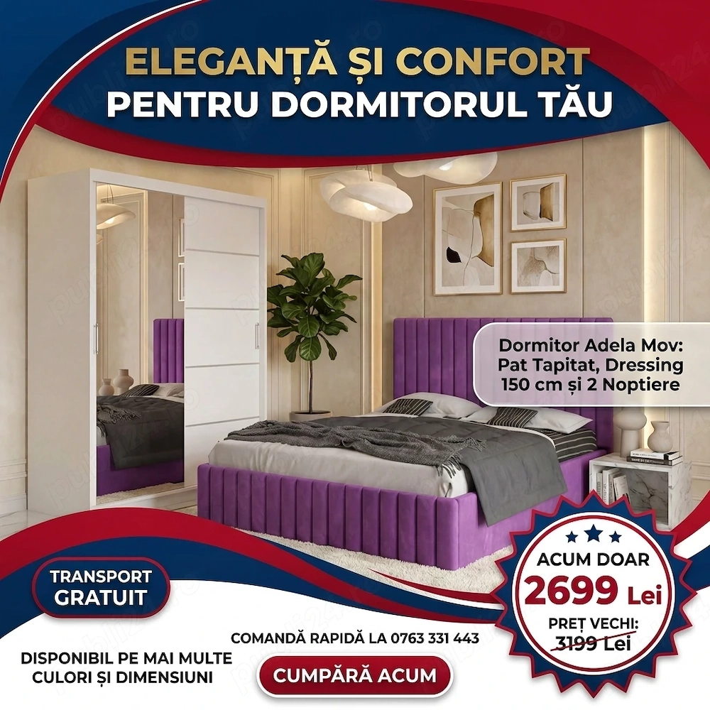 Dormitor Adela Mov Cu Pat Tapitat Dressing 150 Si 2 Noptiere Model popular Vezi astăzi dormitoare mo