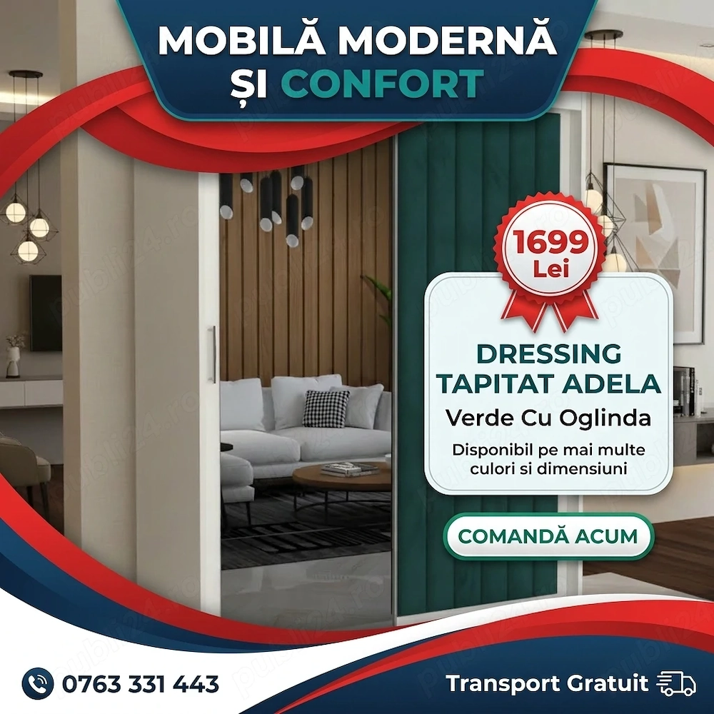 Dressing Tapitat ADELA Verde Cu Oglinda  Model elegant Promoție mobilier dormitor