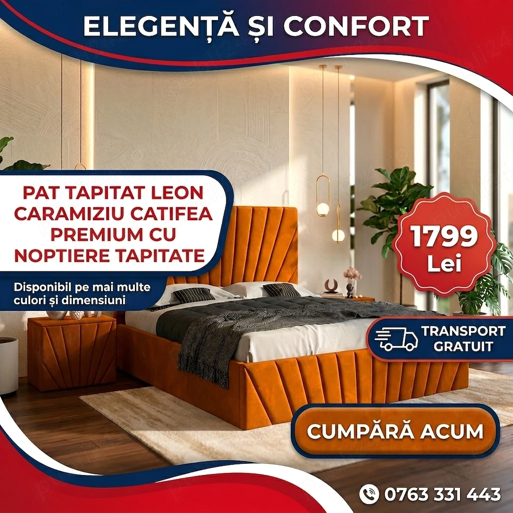 Pat Tapitat Leon Caramiziu Catifea Premium Cu Noptiere Tapitate Contactează-ne Vezi astăzi dormitoar