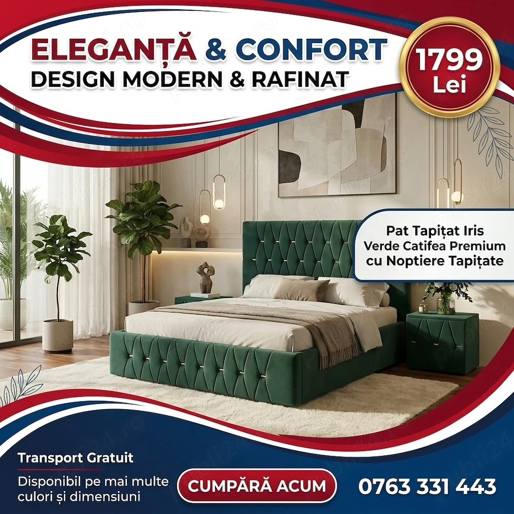 Pat Tapitat Iris Verde Catifea Premium cu Noptiere Tapitate  Model elegant Dormitor premium preț bun