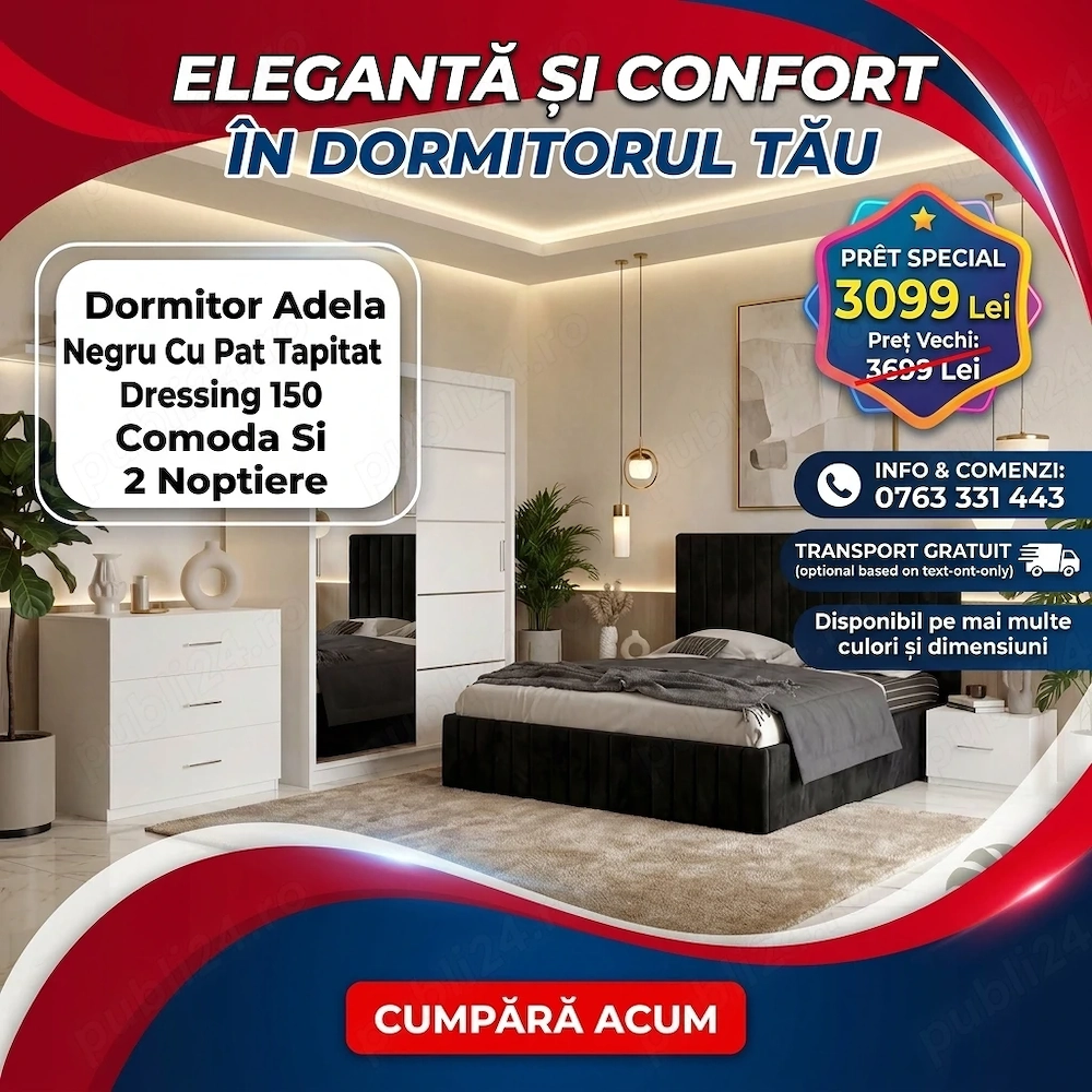 Dormitor Adela Negru Cu Pat Tapitat Dressing 150 Comoda Si 2 Noptiere  Materiale de calitate Model d
