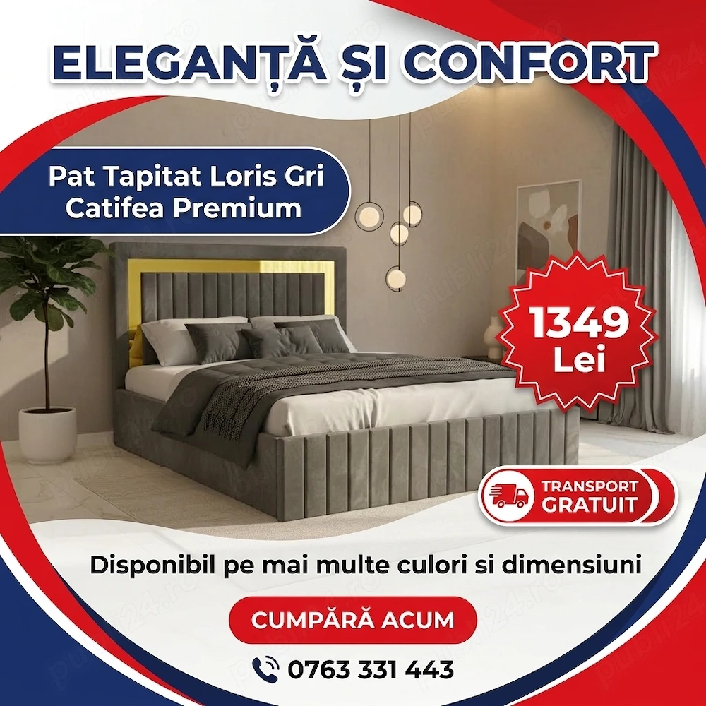 Pat Tapitat Loris Gri Catifea Premium Transport rapid Oferte speciale mobilă dormitor