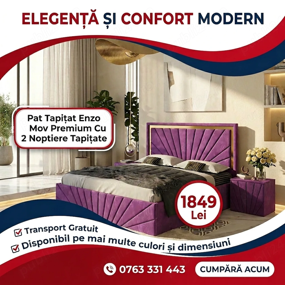 Pat Tapitat Enzo Mov Premium Cu 2 Noptiere Tapitate  Design modern Vezi astăzi seturi dormitor compl