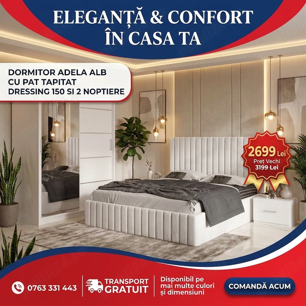 Dormitor Adela Alb Cu Pat Tapitat Dressing 150 Si 2 Noptiere  Design modern Model premium