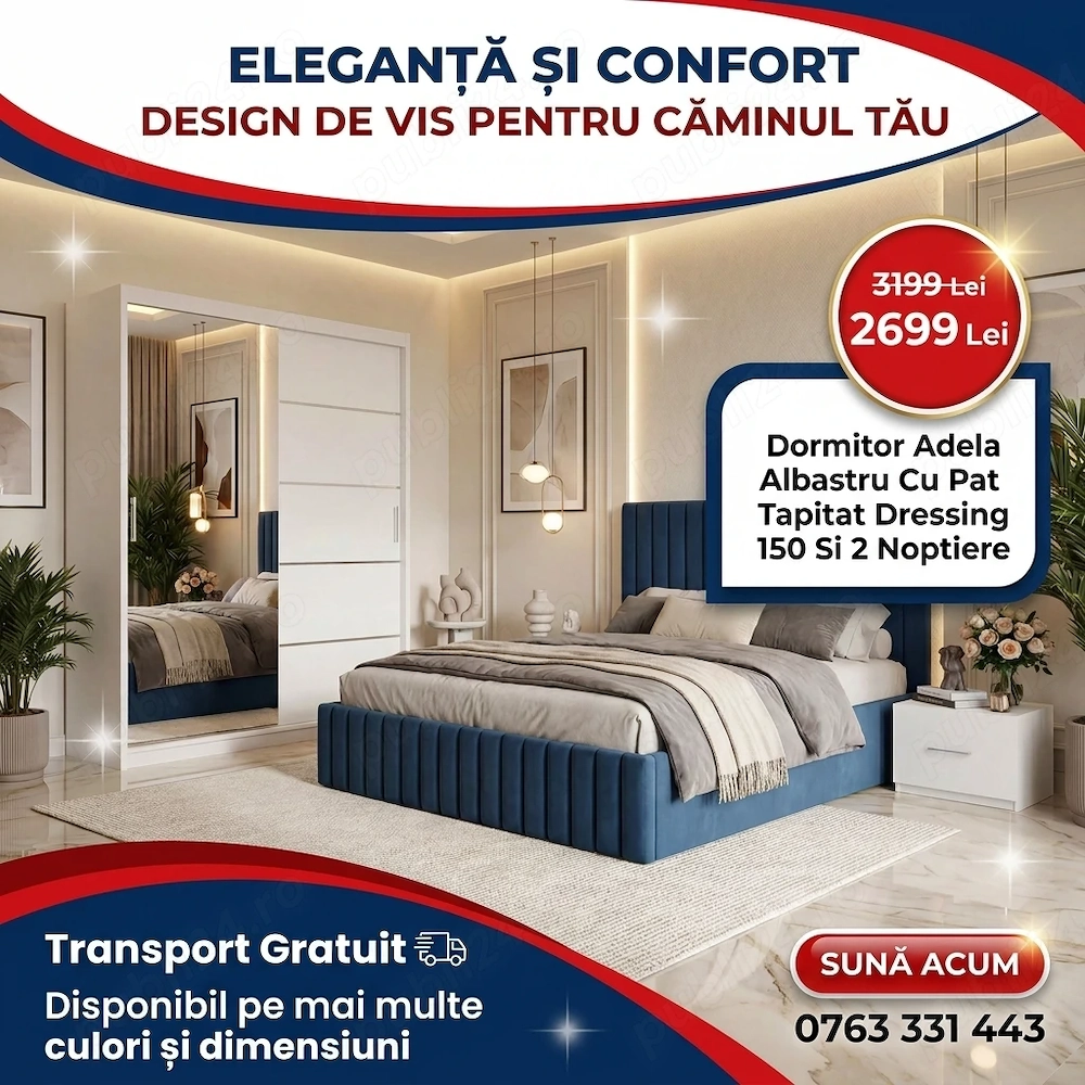 Dormitor Adela Albastru Cu Pat Tapitat Dressing 150 Si 2 Noptiere Expediere rapidă Mobilă dormitor p