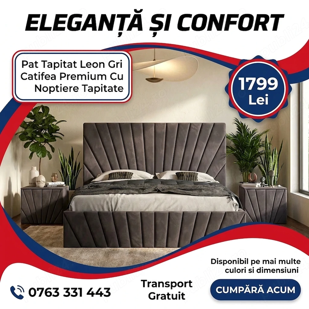 Pat Tapitat Leon Gri Catifea Premium Cu Noptiere Tapitate Stoc limitat Colecție modernă