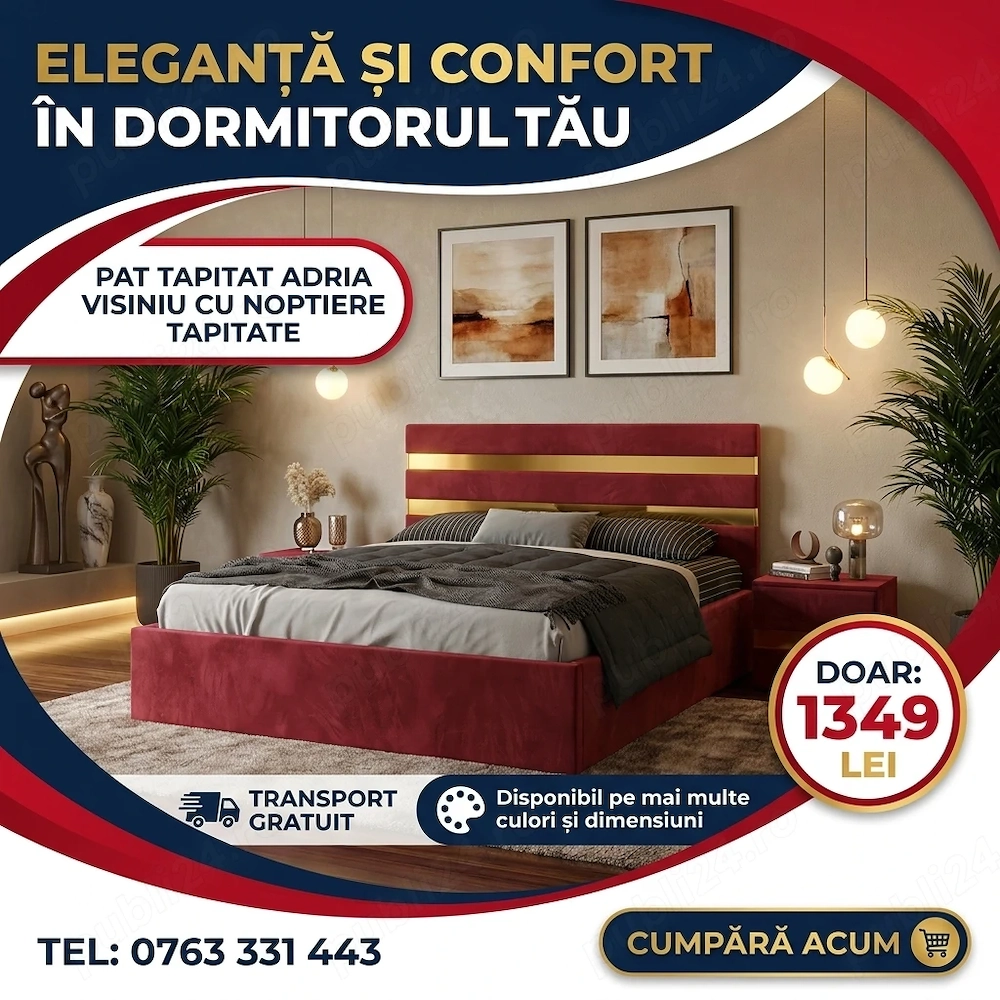 Pat Tapitat Adria Visiniu Cu Noptiere Tapitate  Design modern Dormitor elegant super ofertă