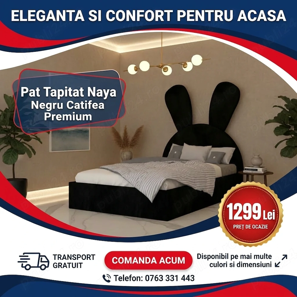 Pat Tapitat Naya Negru Catifea Premium Comandă acum Mobilă dormitor super ofertă