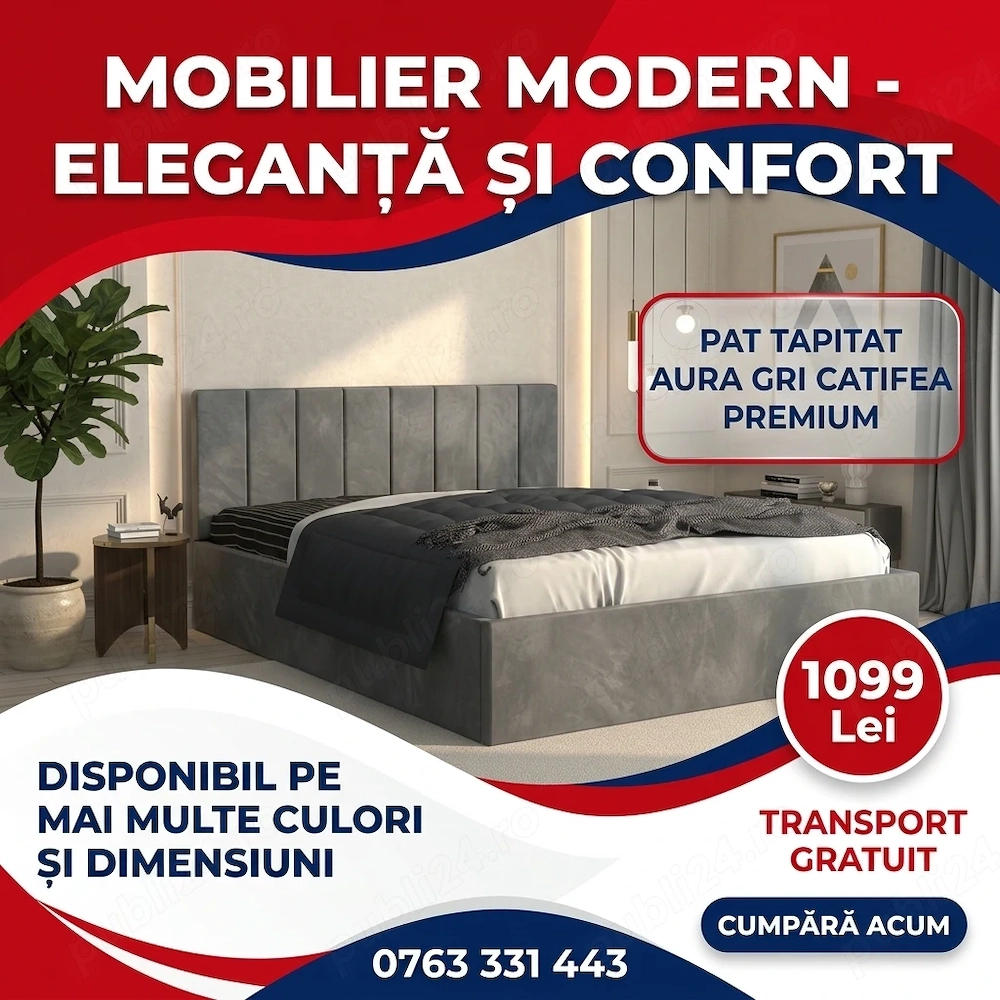 Pat Tapitat Aura Gri Catifea Premium  Calitate premium Set dormitor complet preț avantajos