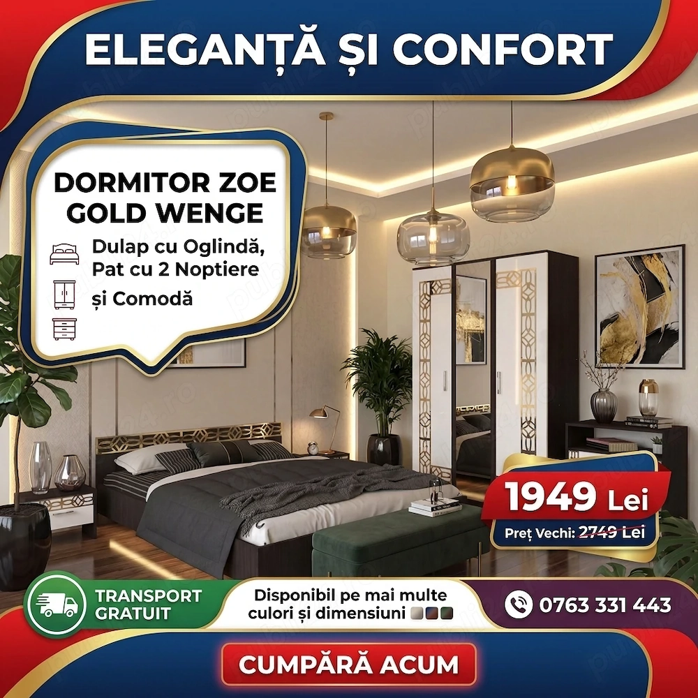 Dormitor Zoe Gold Wenge Dulap cu Oglinda Pat cu 2 noptiere si Comoda Expediere rapidă Mobilă dormito