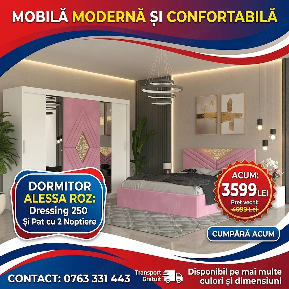 Dormitor Alessa Roz Dressing 250 Si Pat cu 2 Noptiere  Materiale de calitate Descoperă rapid mobilă 