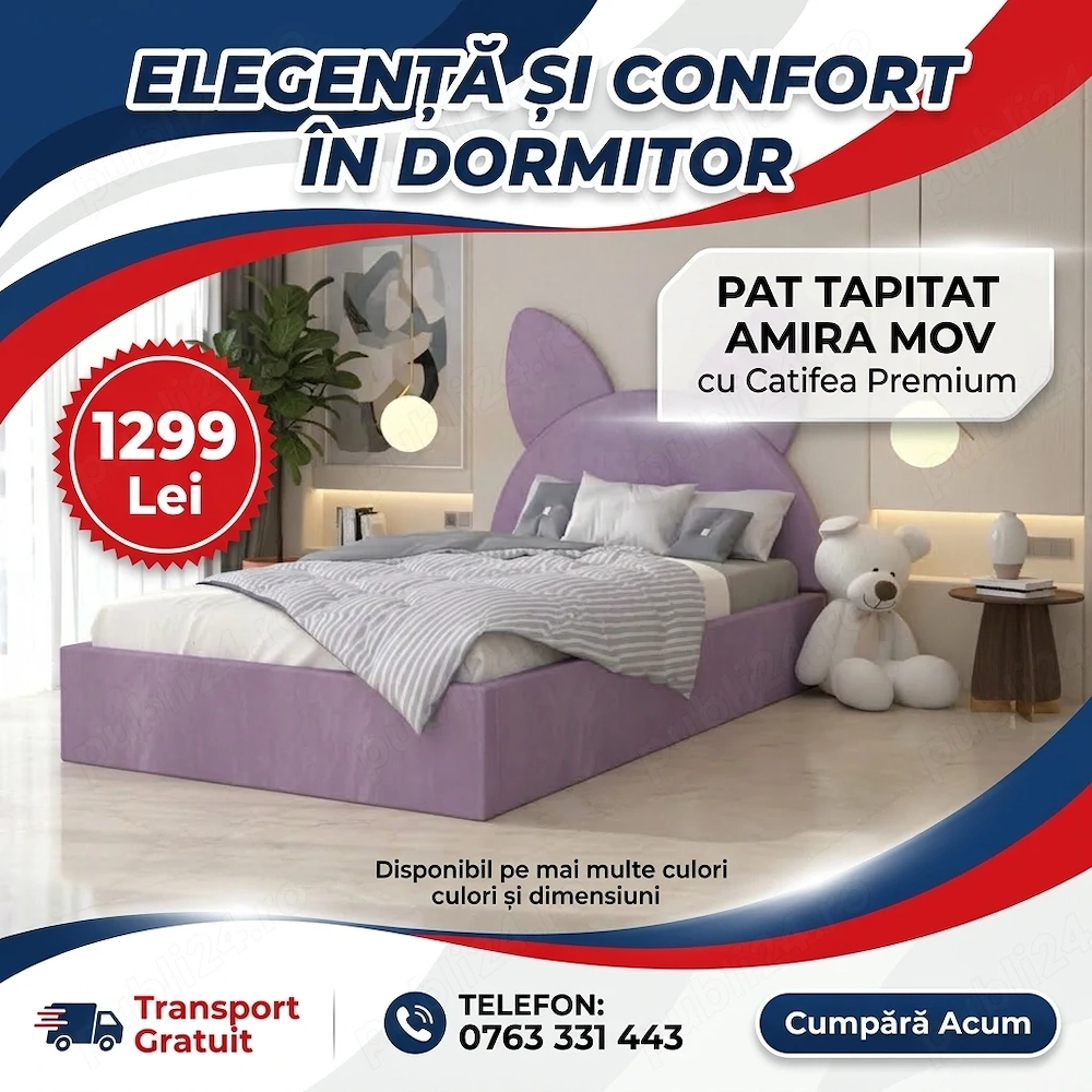 Pat Tapitat Amira Mov cu Catifea Premium  Materiale de calitate Promoție mobilă dormitor