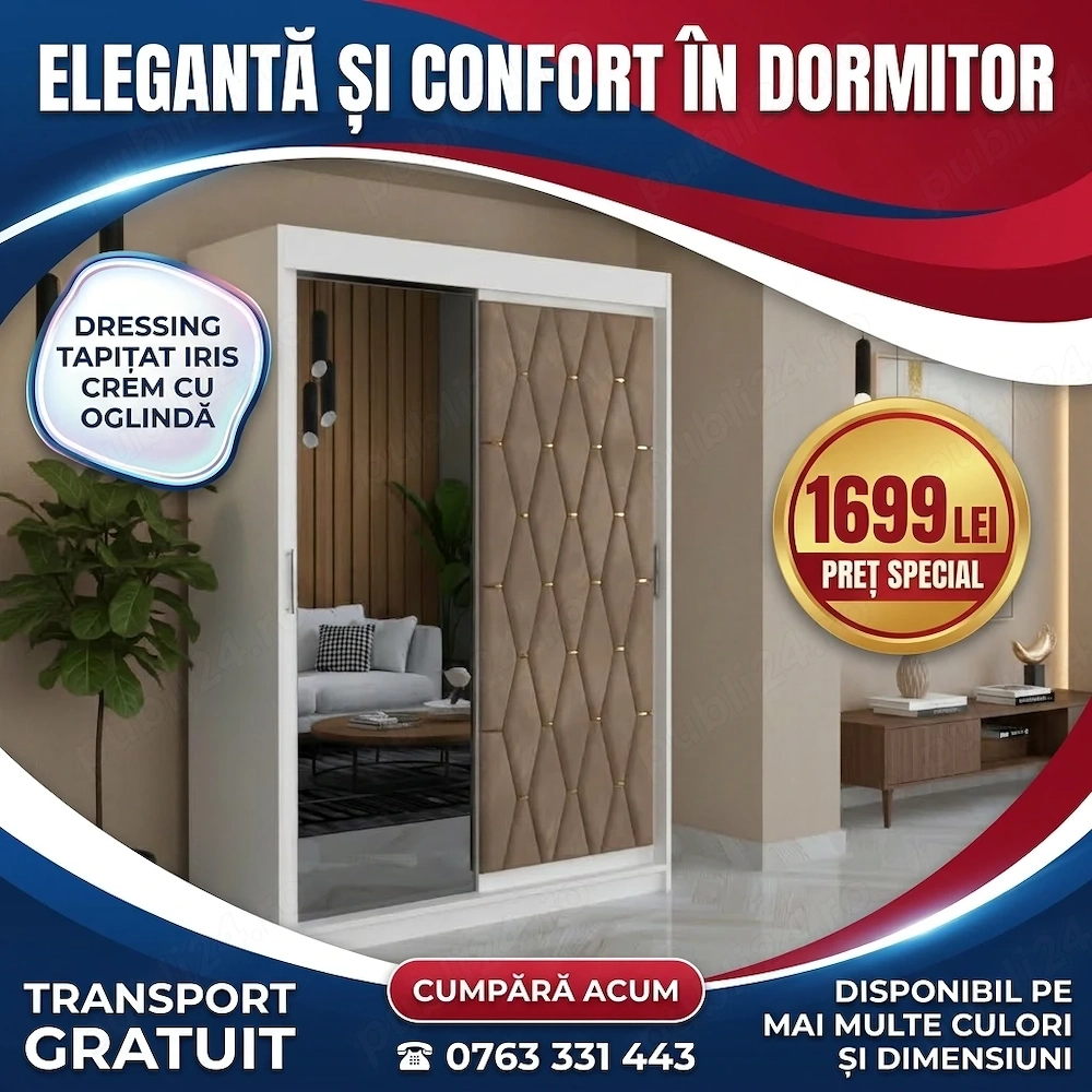 Dressing Tapitat Iris Crem Cu Oglinda  Finisaje premium Dormitor elegant preț avantajos