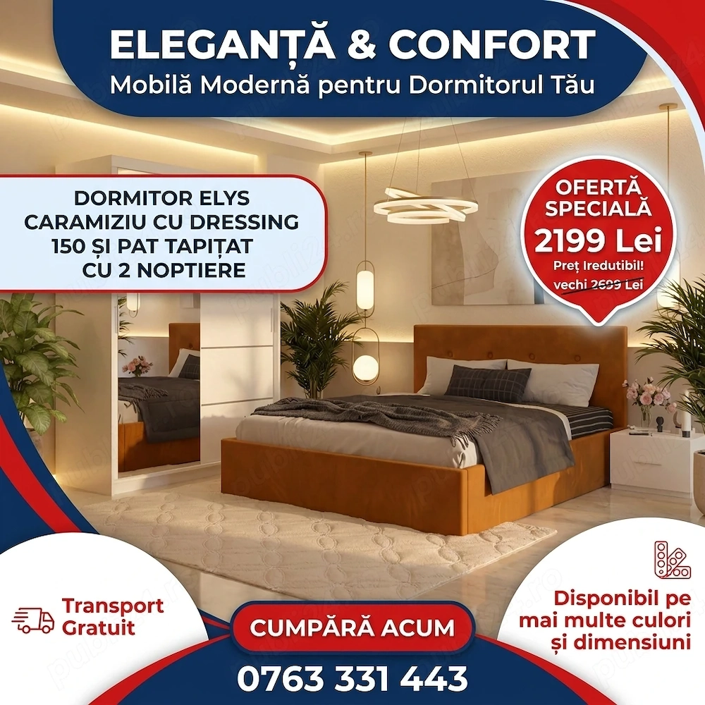Dormitor Elys Caramiziu cu Dressing 150 si Pat Tapitat Cu 2 Noptiere Contactează-ne Oferte speciale 