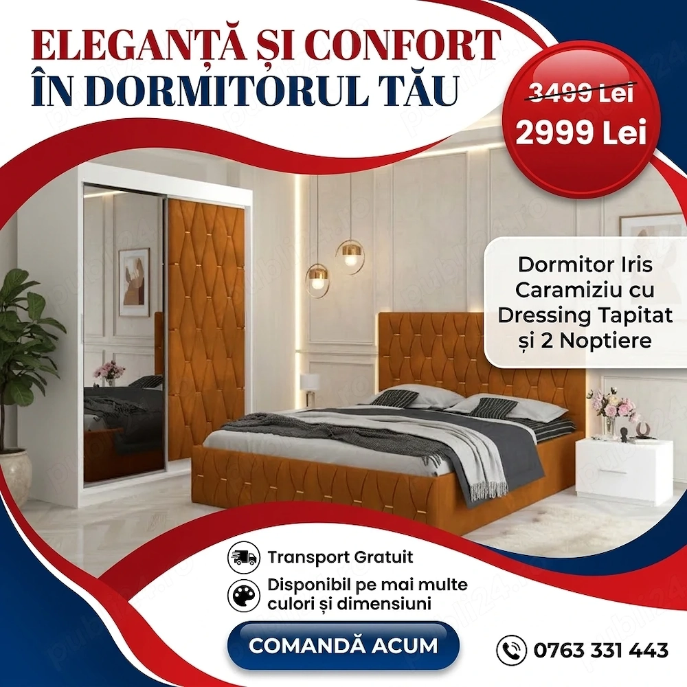 Dormitor Iris Caramiziu cu Dressing Tapitat si 2 Noptiere Expediere rapidă Variantă premium