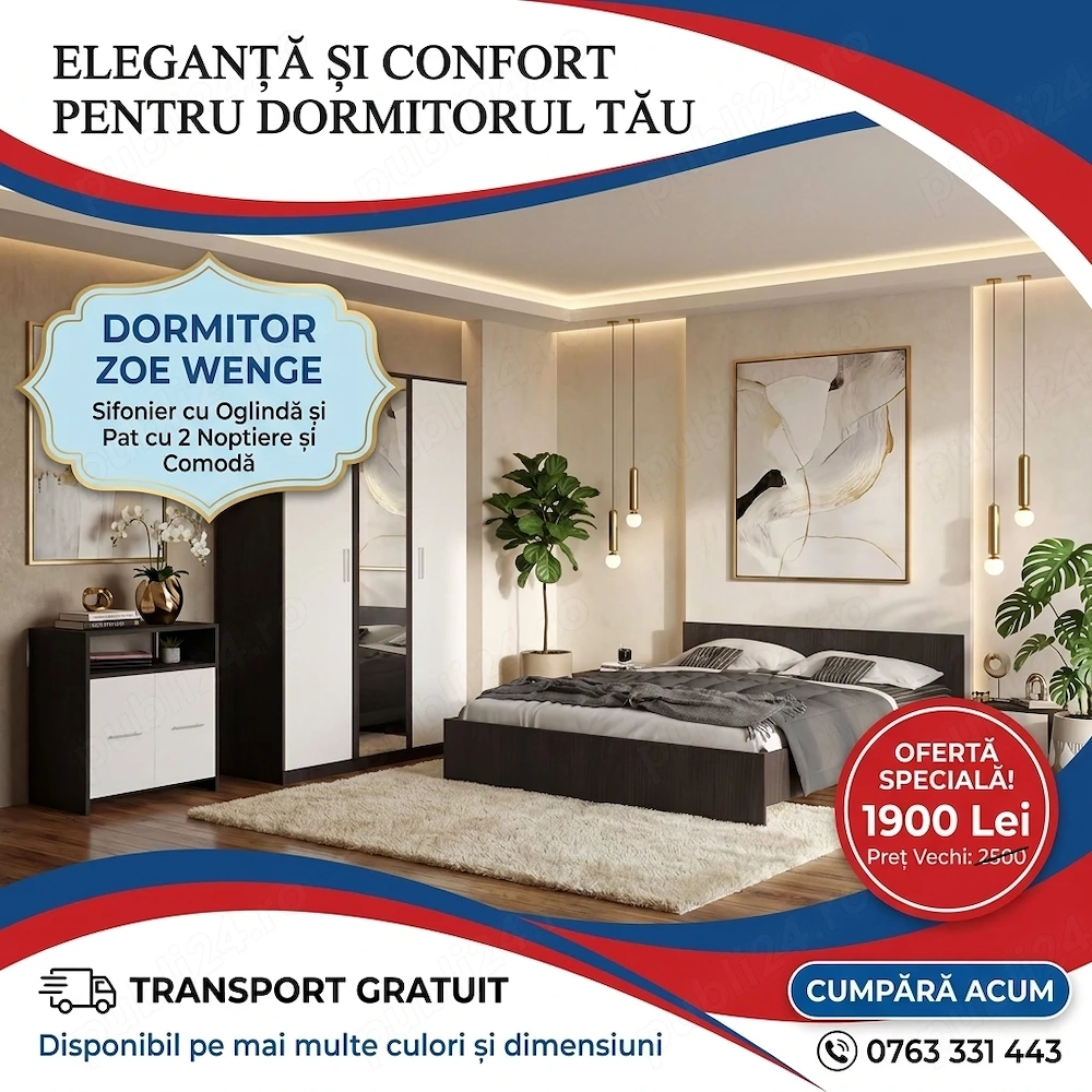 Dormitor Zoe Wenge Sifonier cu Oglinda si Pat cu 2 Noptiere Si Comoda Comandă acum Mobilier pentru d