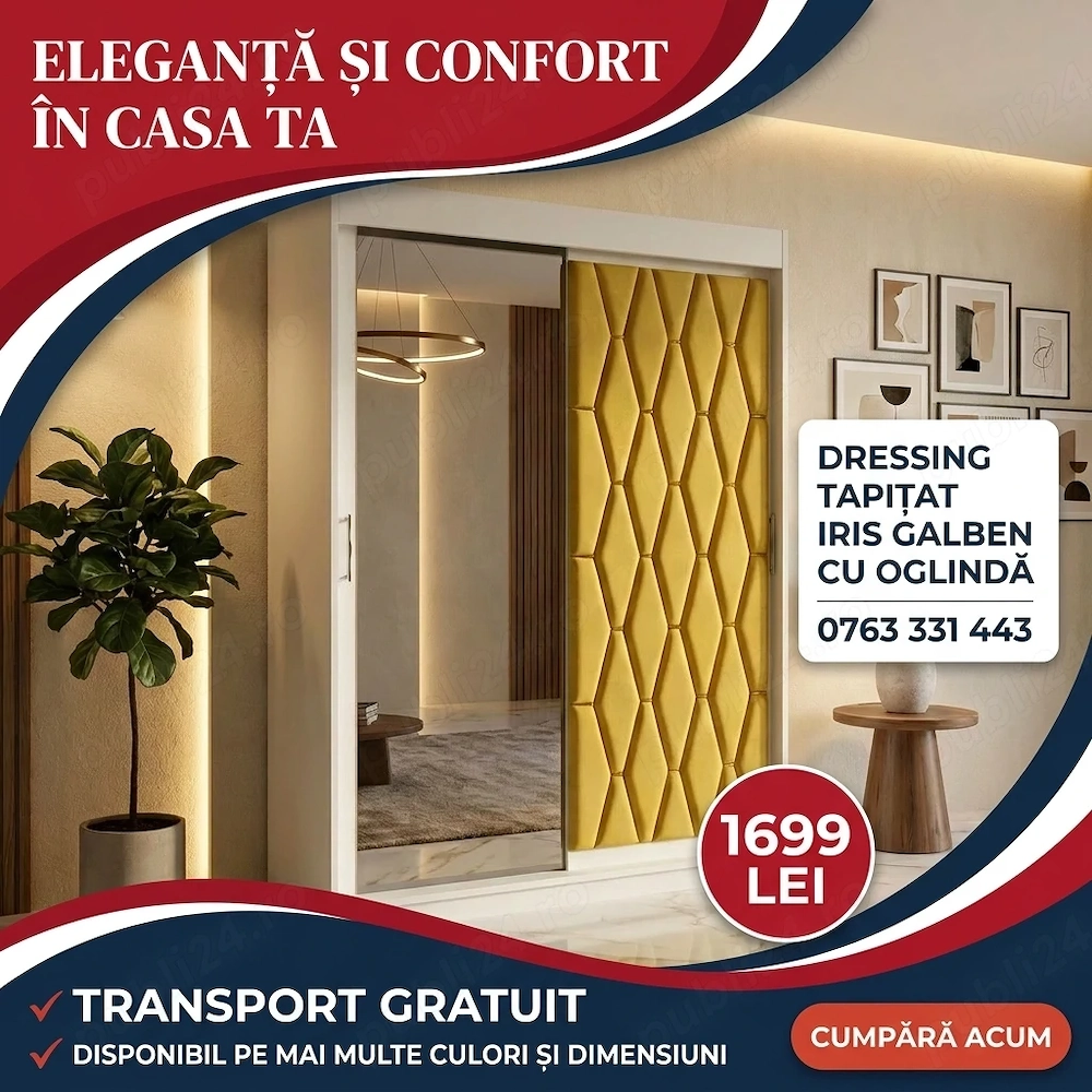 Dressing Tapitat Iris Galben Cu Oglinda Disponibil acum Mobilă dormitor la ofertă