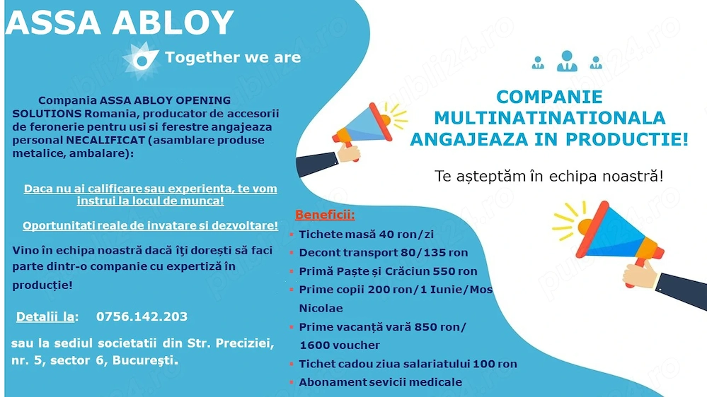 Companie multinationala angajează personal NECALIFICAT (asamblare produse metalice, ambalare).