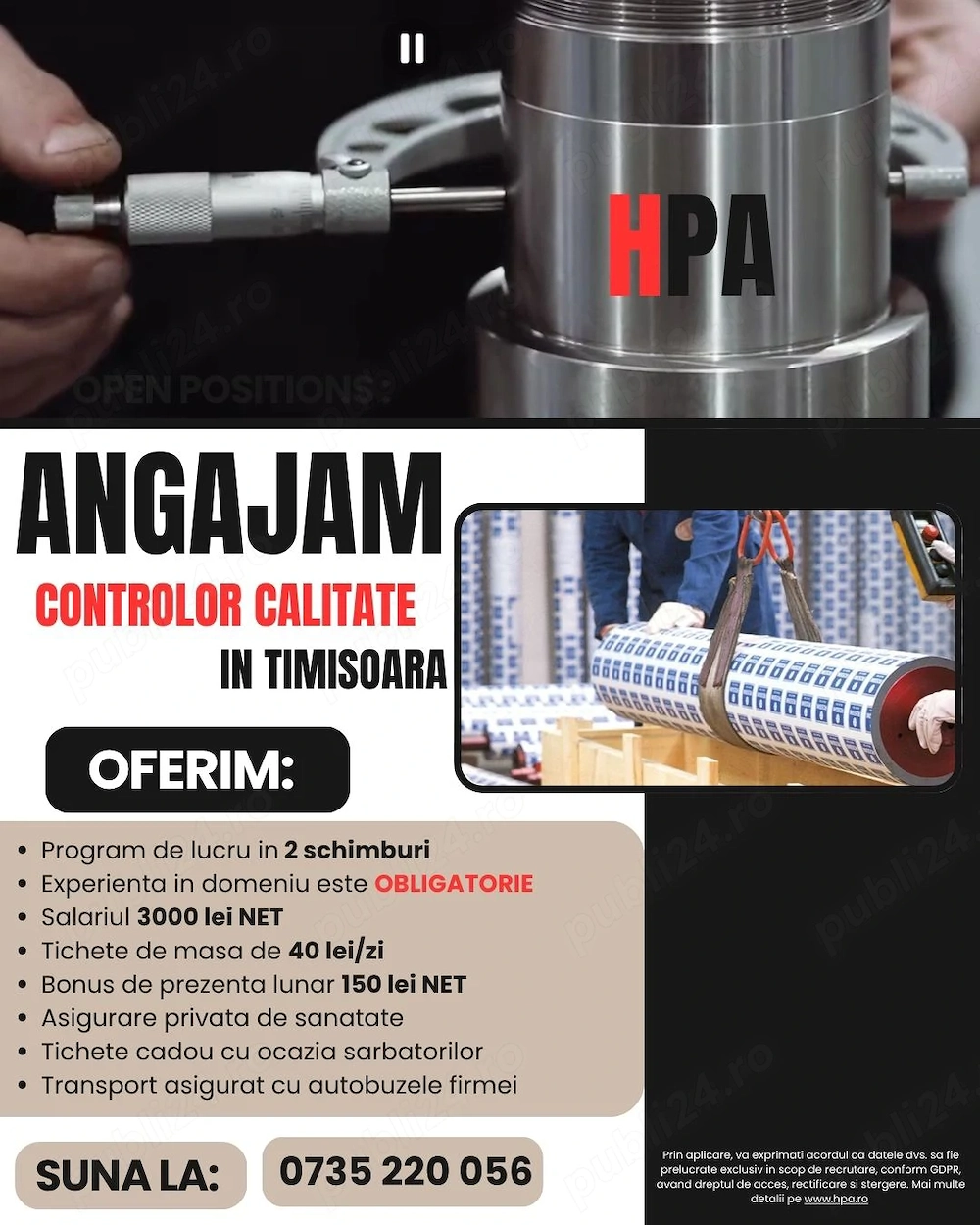 HPA recrutează Controlor calitate pentru o fabrică din Timișoara