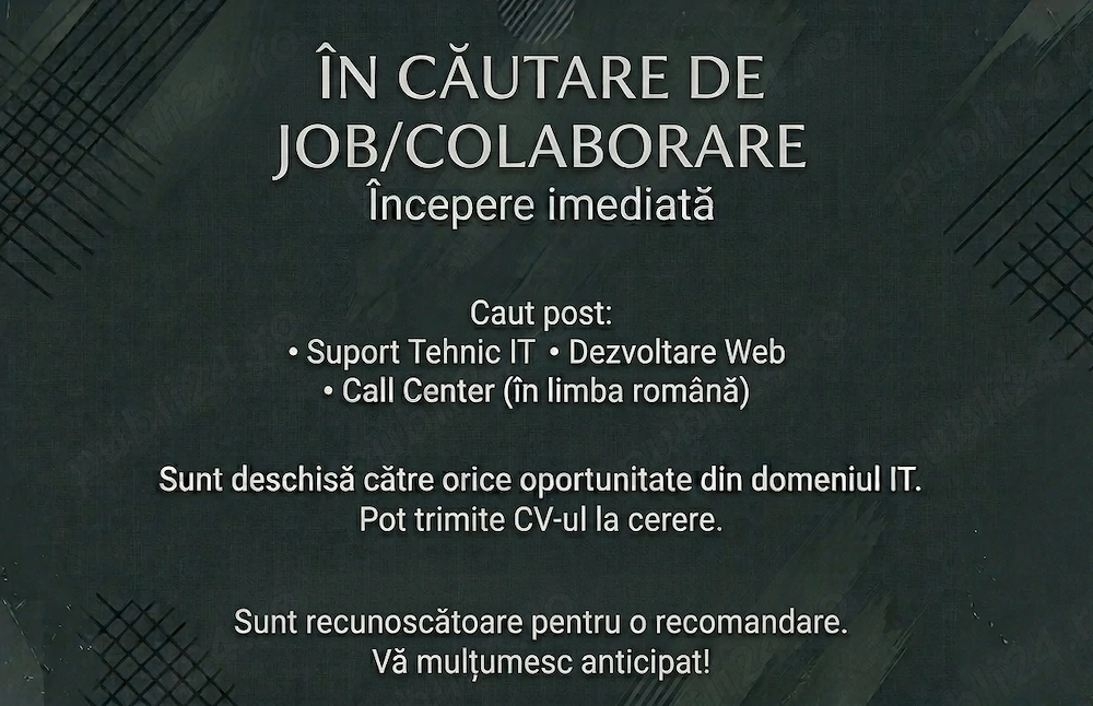 Căutare Job Colaborare IT   Suport Tehnic   Dezvoltare Web   Disponibilitate Imediată