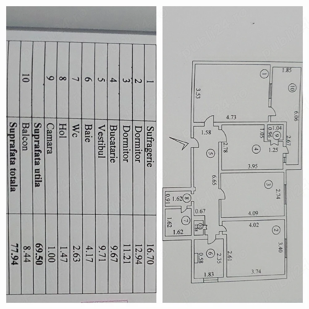 Apartament 3 camere; 77,94 mp în total, proprietar