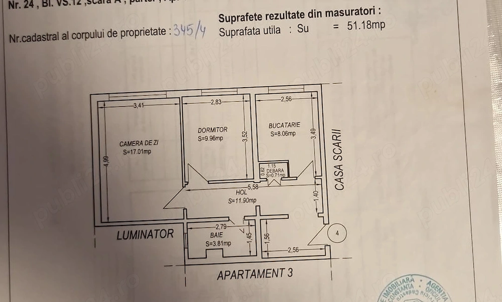 Vand apartament 2 camere, decomandate, suprafata 52 mp, zona VS-uri, Medgidia. Accept credit bancar