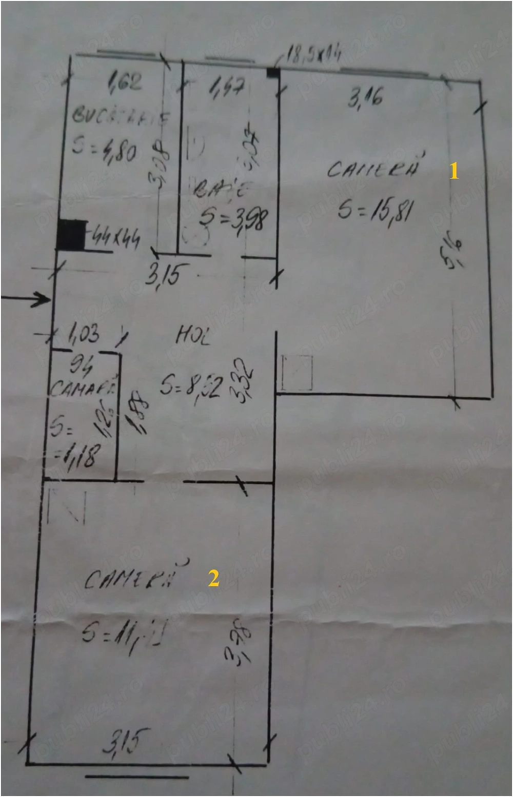 Apartament 2 camere decomandat 45 mp + beci, centrală proprie   Câmpia Turzii