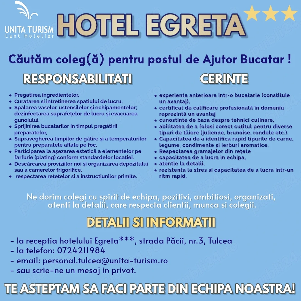 Angajam Ajutor de bucătar in Tulcea