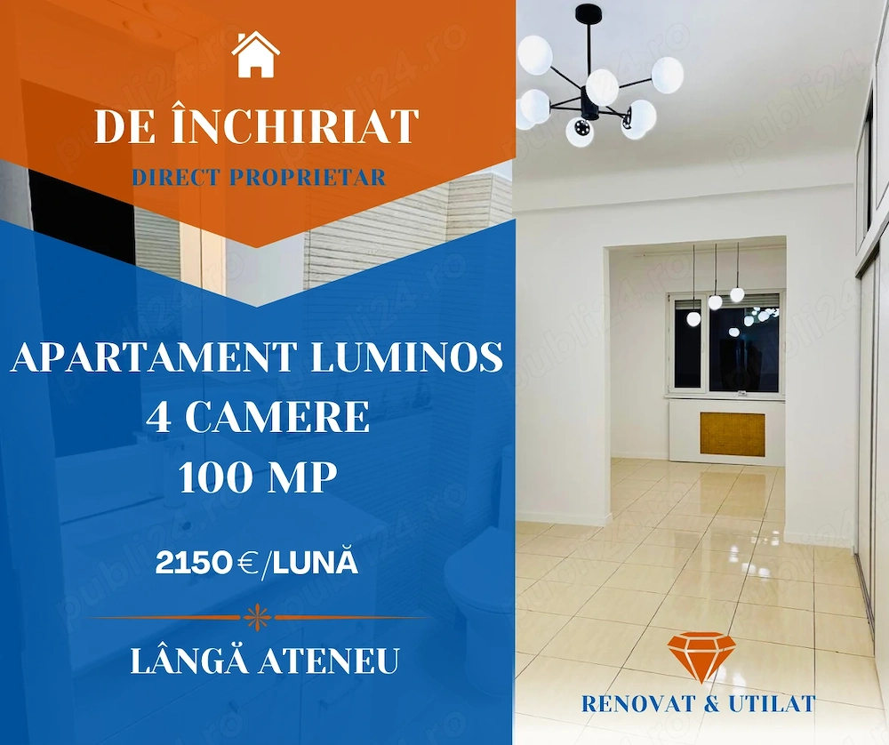 Apartament spațios și luminos lângă Ateneul Român   3 camere, 100 mp, direct proprietar