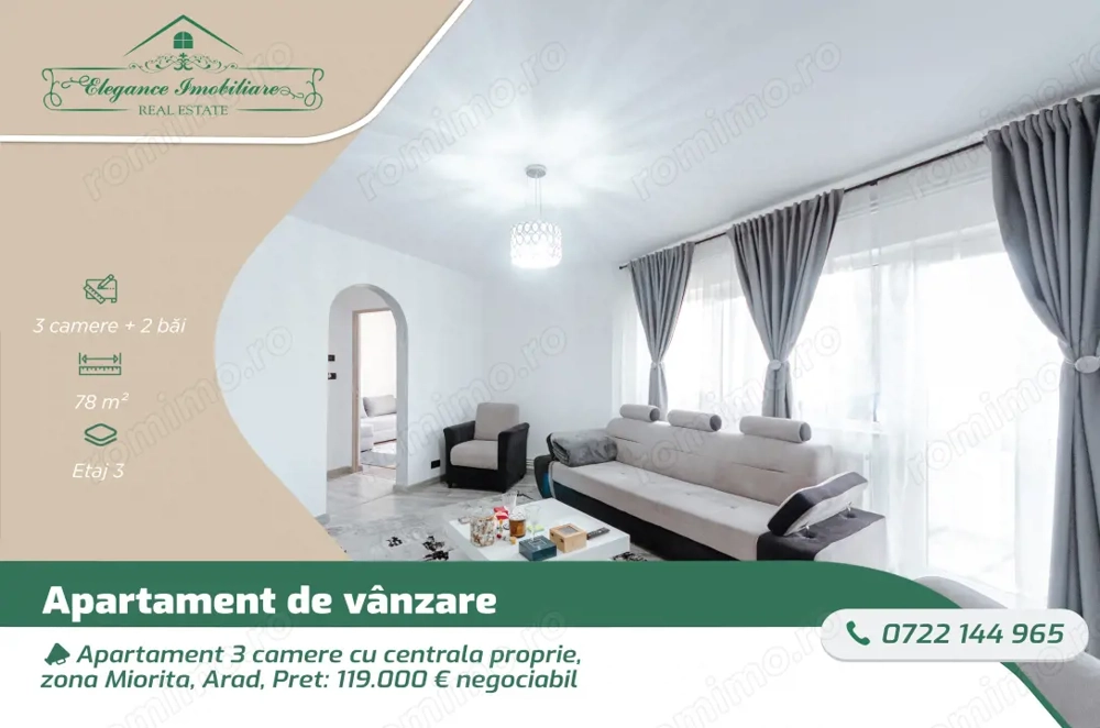 Apartament 3 camere cu centrala proprie, zona Miorita, Arad