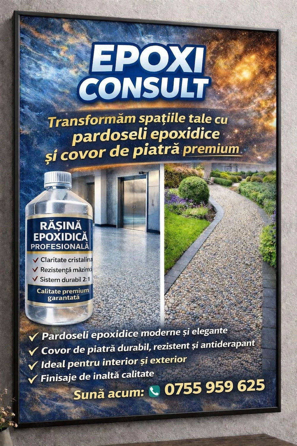 Pardosea din rășină epoxidica și covor de piatra