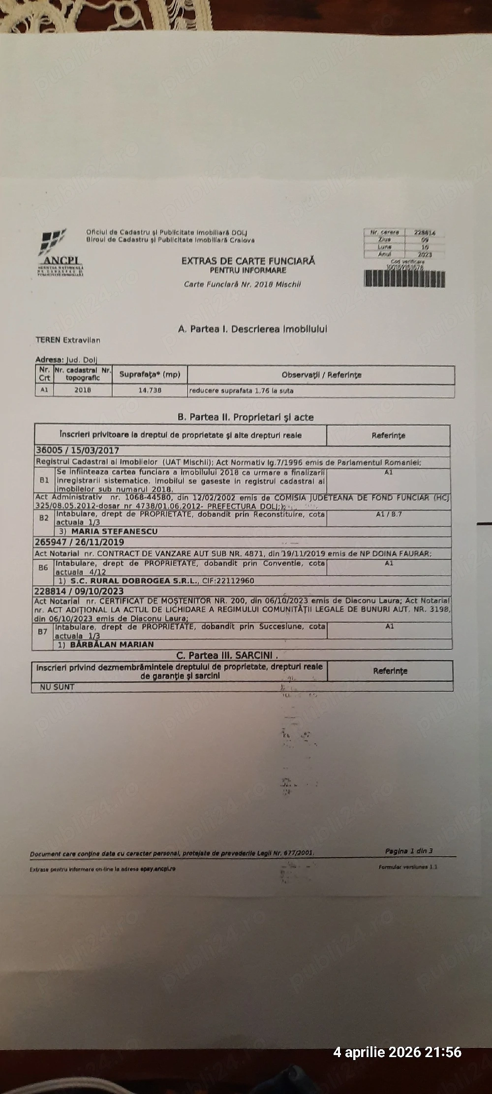 Proprietar vind teren agricol 4900mp, sat Călinești, com Mischii, Dolj