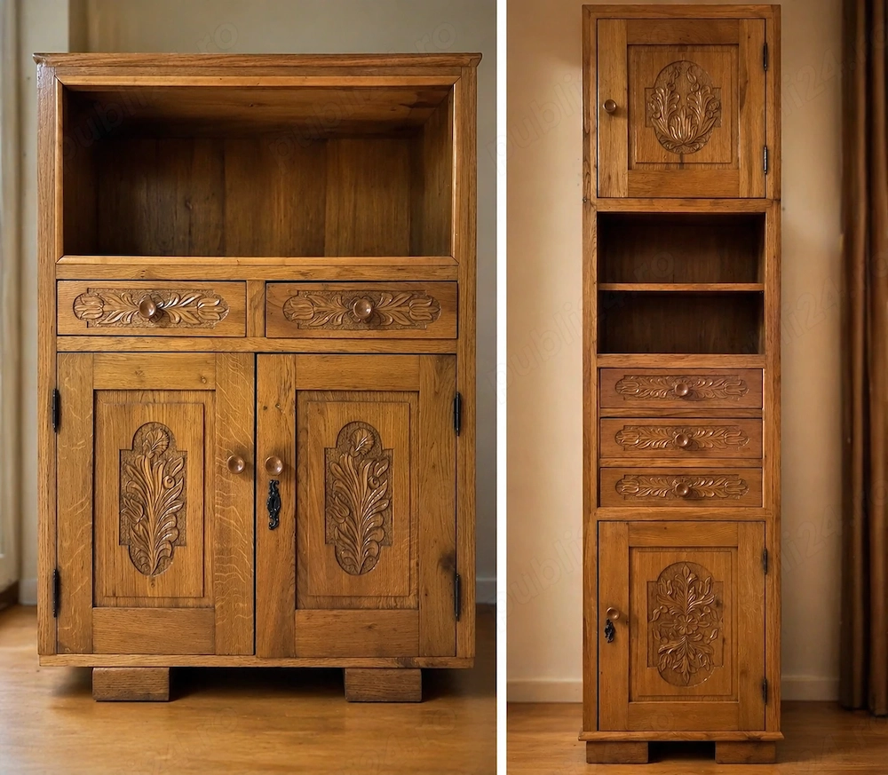 Mobilă living din lemn masiv de stejar   sculptată manual