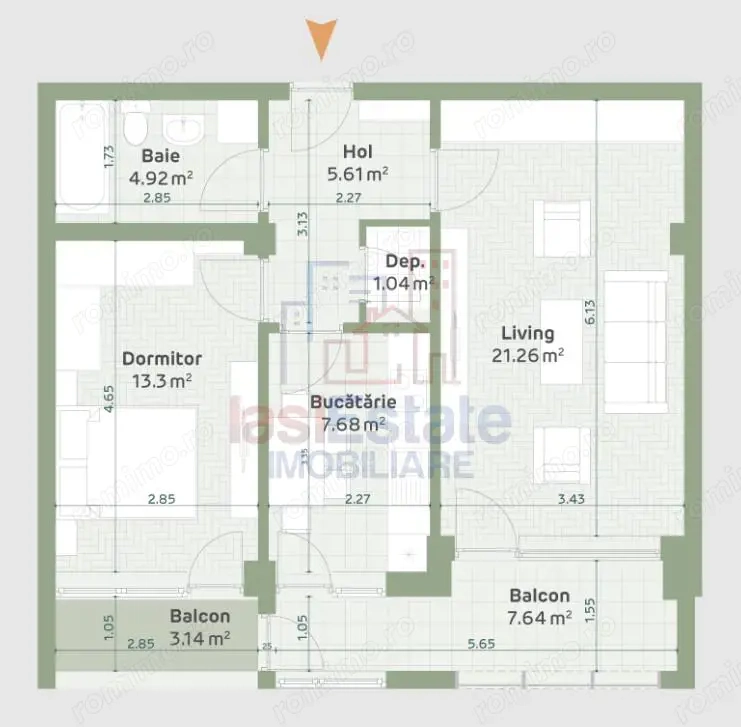Apartament cu 2 camere in Hlincea la bloc nou 61,45mp + 3,14mp balcon
