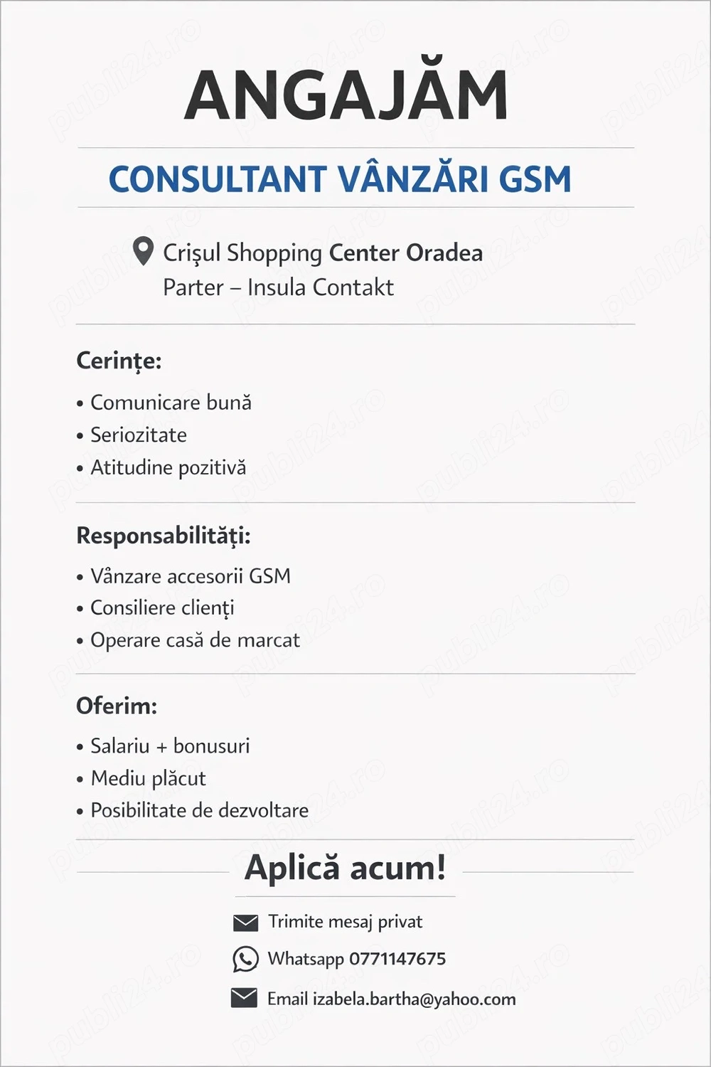 Angajam vanzator gms............