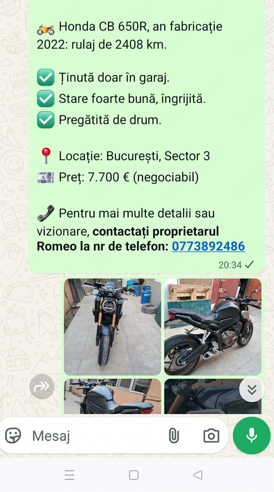 Vând Honda CB 650R, an 2022, 2408 km la bord ,ținută în garaj sub prelată!