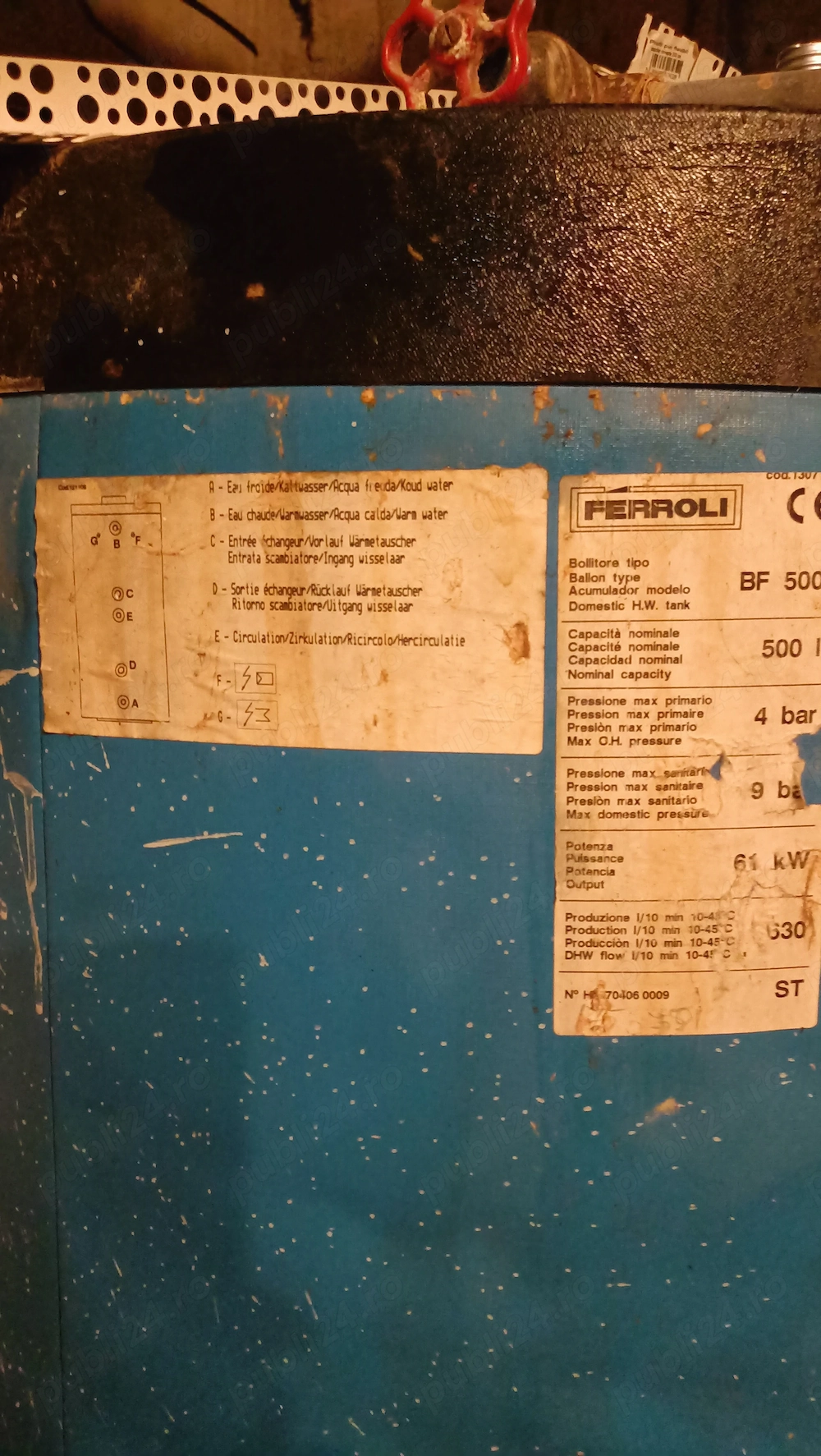 Boiler Ferroli 500 litri cu 2 rezistențe.