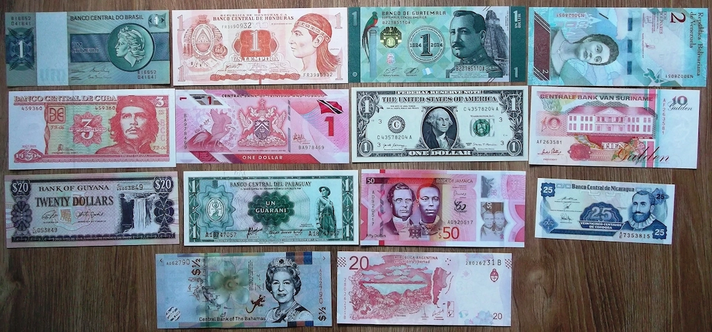 14 bancnote din 14 tari America de Nord Centrala si de Sud UNC impecabile
