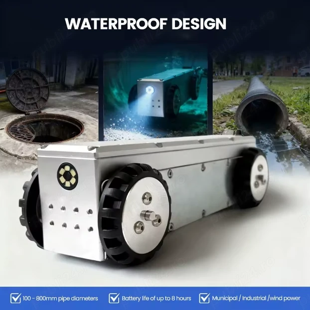 Mini robot inspecție conducte 100 mm IP68, WiFi, cablu 150 m, industrial