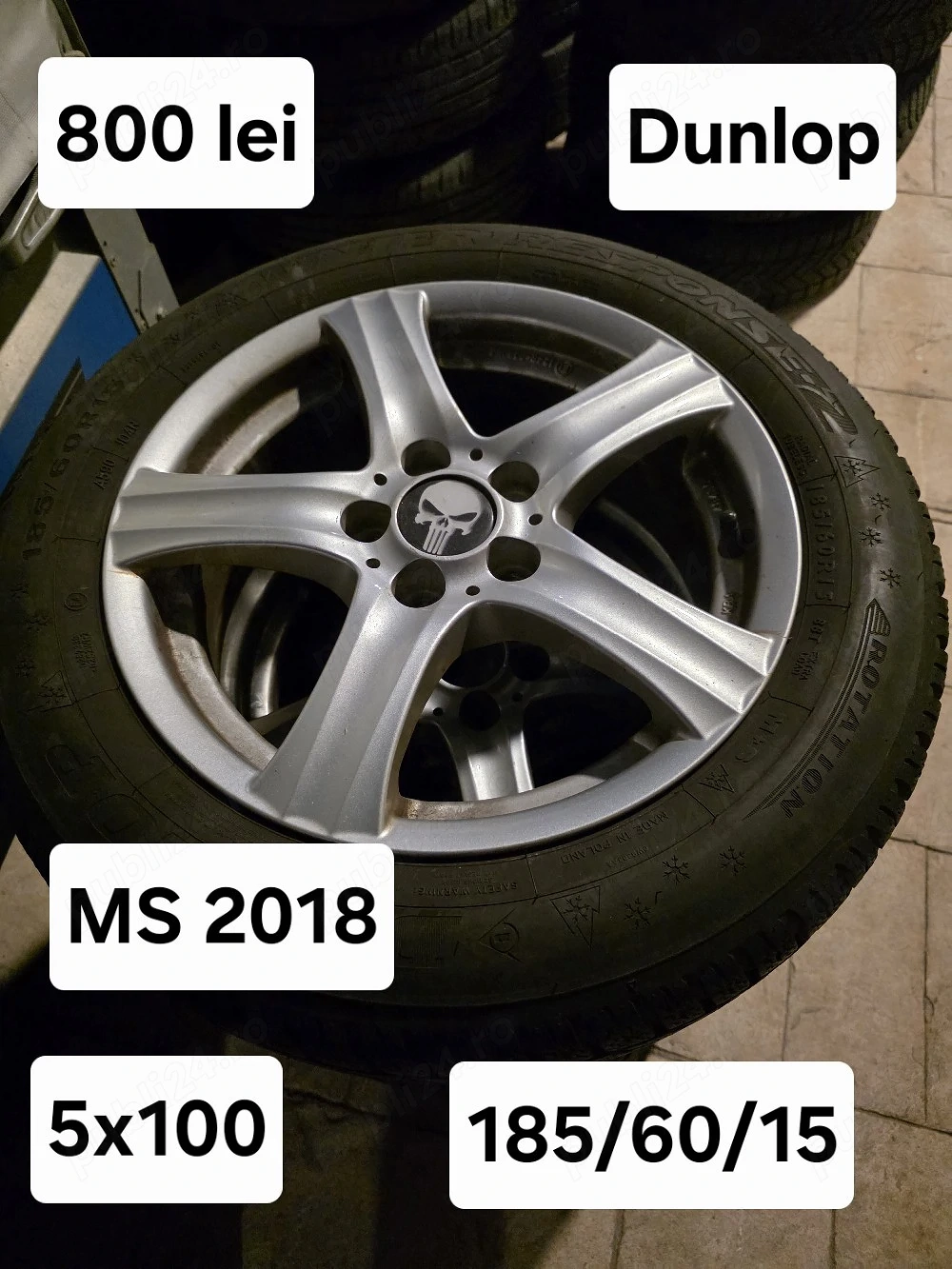 Set 4 jante aliaj 5x100 echipate cu anvelope MS 185/60/15 Dunlop 2018 Polo Ibiza Fabia