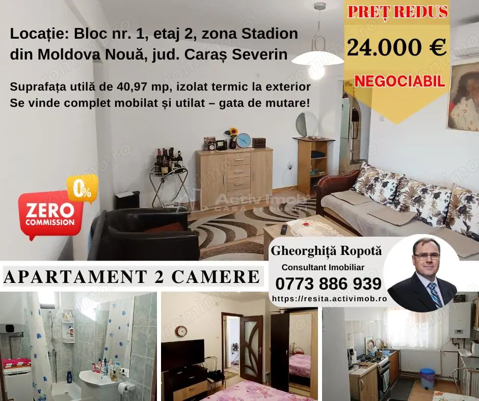 Moldova Noua, Apartament 2 cam. complet mobilat  #537;i utilat – gata de mutare!